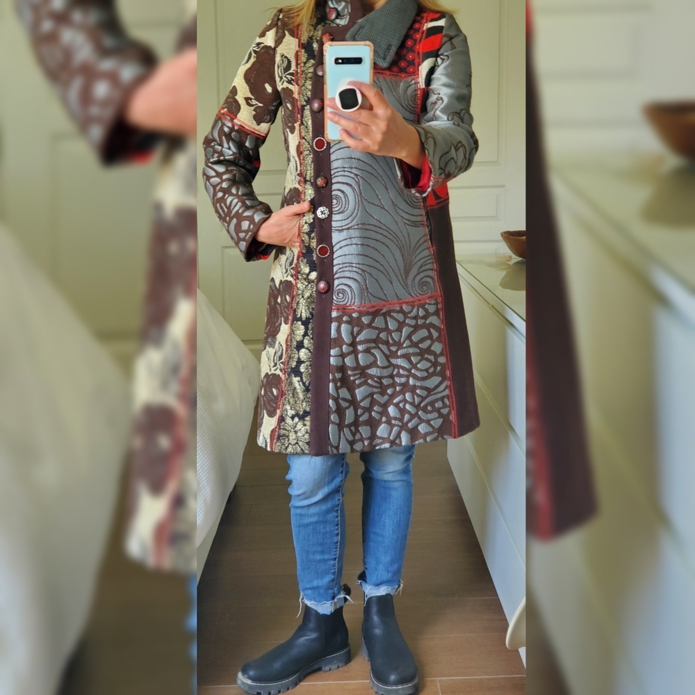 Desigual Multicolored Patchwork Coat With Geisha Embroidery.